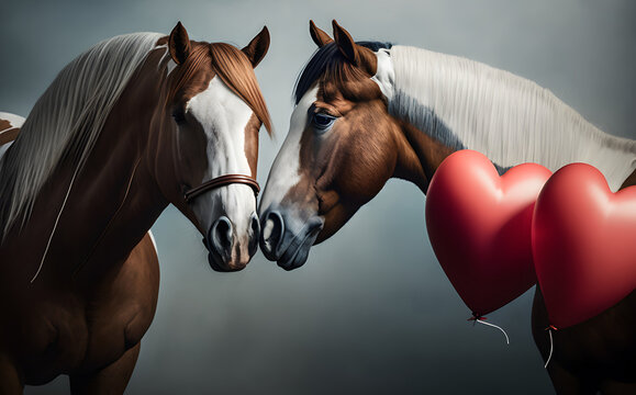 couple of horses in love with a heart-shaped balloon on valentine's day, 3d render digital illustration
