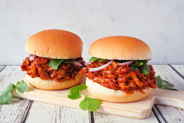 Jack fruit meatless burgers against a bright background. Healthy eating, plant-based pulled pork...