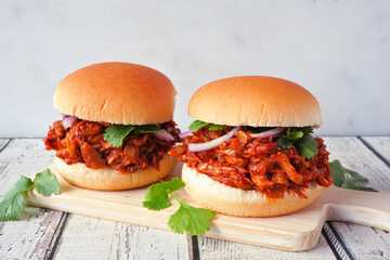Jack fruit meatless burgers against a bright background. Healthy eating, plant-based pulled pork meat substitute concept.