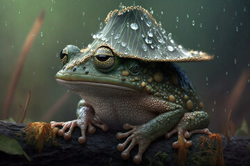 A green frog protects against getting wet with a headgear in the pouring rain..Digital art AI generated image.