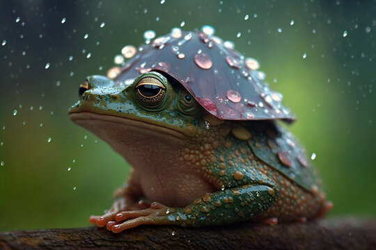 A green frog protects against getting wet with a headgear in the pouring rain..Digital art AI generated image.