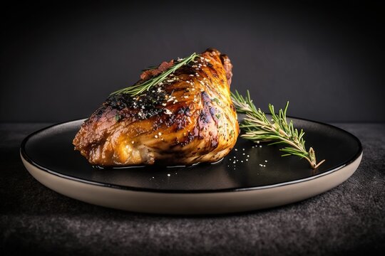  a roasted chicken on a black plate with rosemary sprigs scattered around it, set against a dark background