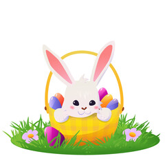 A cute rabbit sits in a basket with Easter eggs. Happy easter. Vector illustration
