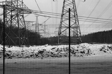 industry , winter, black and white, forest, high-voltage towers
