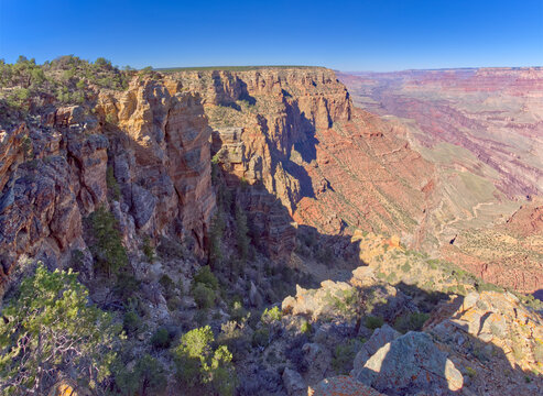 View of Zuni Point in the distance east of Papago Creek at Grand Canyon Arizona.