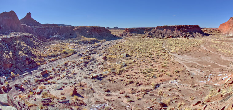View of Tiponi Gap in the distance from the dry cliff of Tiponi Gap Falls in Petrified Forest National Park Arizona.