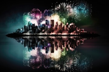 Fireworks exploding over a city skyline. Generative AI