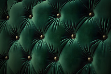 Green quilted velvet cushion background, couch texture fabric closeup with brass buttons, seamless pattern 