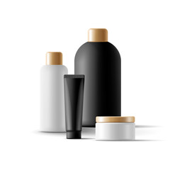 Set of modern empty cosmetic jars 3d Black and white jars with gold color elements. Empty mockup for advertisement of shampoo, gel, cream. Mockups for an advertising company on a white background.