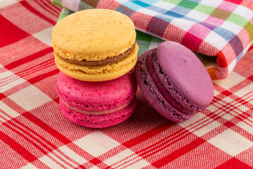 Colorful macaroon on tablecloth