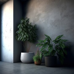 Interior background of room with stucco wall and pot with plant 3d rendering bedroom plants green leaf wall simple design style vase Generativ AI