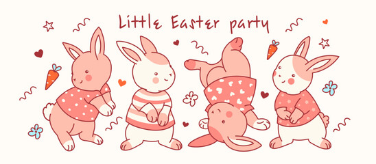 Isolated characters, funny bunnies with happy Easter slogan. Used as tshirt print, tee design concept. Doodle pastel pink cartoon style set. Cute kawaii drawing vector illustration.