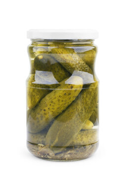 Pickled cucumbers isolated. Pickles in glass jar isolated on white background. with clipping path