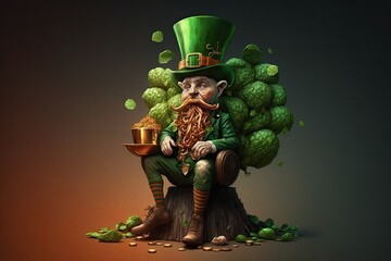 A leprechaun with a pot of gold, wearing a green suit and a top hat, sitting atop a mushroom. Digital art painting, Fantasy art, Wallpaper