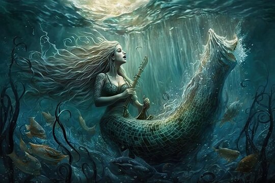 A mermaid with a tail of shimmering scales, singing a haunting melody as she swims through the ocean. Digital art painting, Fantasy art, Wallpaper