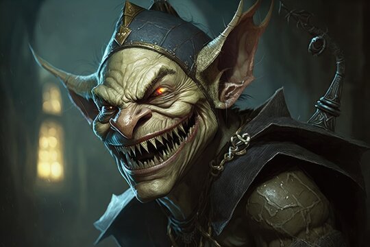 A goblin with a wicked grin, sharp claws, and a mischievous gleam in its eye. Digital art painting, Fantasy art, Wallpaper