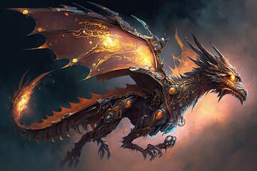 A cyborg dragon with metallic wings, fiery breath, and razor-sharp claws, flying through the sky. Digital art painting, Fantasy art, Wallpaper