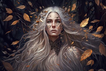 A beautiful sorceress with flowing silver hair, wearing a delicate dress made of shimmering leaves. Digital art painting, Fantasy art, Wallpaper