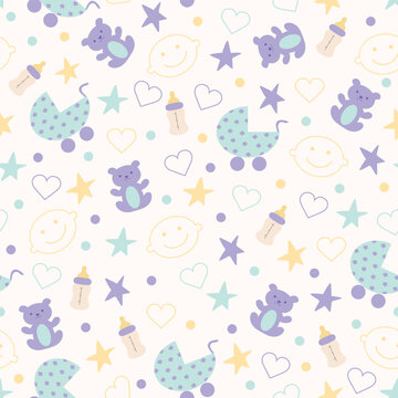 Cute baby seamless pattern for decoration, children's room, blankets, gifts, baby shower greetings. Baby toys and attributes in pastel colors