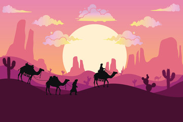Fototapeta na wymiar background of man riding camel in desert at sunset