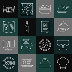 Set line Chef hat, Wooden table, Covered with tray of food, Nachos in plate, Wine bottle, Restaurant cafe menu, chair and icon. Vector