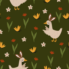 seamless pattern with easter goose and flower