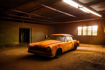 Fototapeta na wymiar Vintage Rusty Classic Car in a Bright Rustic Garage Atmosphere Generative AI Photo