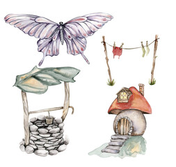 Watercolor wooden clothes dryer with clothes on it,house with wooden door. Watercolor hand drawn illustration on white background. Perfect for greeting card, poster, wedding invitation, party decor.