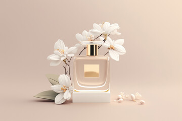 Perfumery, luxury fragrance concept made with empty perfume bottle and white flowers. Created with Generative AI technology. - obrazy, fototapety, plakaty