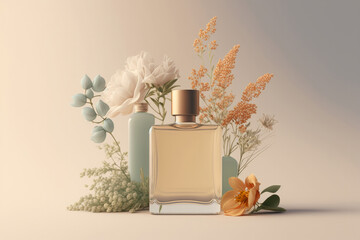 Perfumery, summer fragrance concept made with perfume bottle and flowers. Created with Generative AI technology. - obrazy, fototapety, plakaty