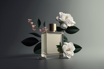 Perfumery concept made with perfume bottle and flowers. Created with Generative AI technology.