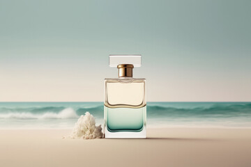 Perfumery, luxury fragrance in nautical style. Concept made with perfume bottle on a sand against the sea. Created with Generative AI technology. - obrazy, fototapety, plakaty