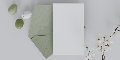 Easter card mockup. Easter eggs, spring flowers and green envelope with place for text.3D rendering