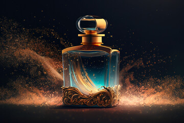 Niche perfumery concept. Idea of an oriental fusion fragrance made with vintage perfume bottle and splashes of scents. Created with Generative AI technology. - obrazy, fototapety, plakaty