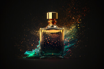 Stylsih perfume bottle and splashes of scents concept. Created with Generative AI technology. - obrazy, fototapety, plakaty