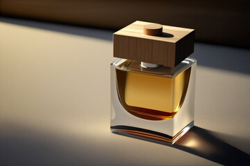 Perfumery. Minimal composition with perfume bottle on the table. Created with Generative AI technology.
