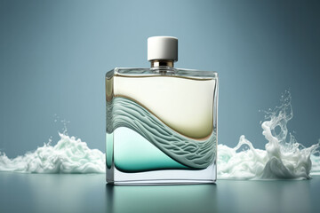 Perfumery, luxury fragrance in nautical style. Concept made with empty perfume bottle and stylized waves. Created with Generative AI technology.