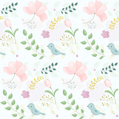 Seamless floral pattern with birds in spring for birthday, wedding, anniversary and party. Design for textile, banner, poster, card, invitation and scrapbook. Vector illustration