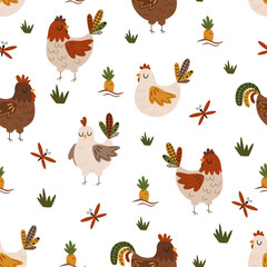 seamless pattern with farm chicken on the white background