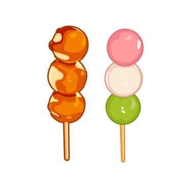 Japanese dessert dango in the form of three balls on a stick. Vector over white background,perfect for wallpaper or design elements