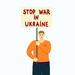War in Ukraine, protest of people against Russia's attack on Ukraine. Men hold the Ukrainian flag, signs calling for an end to war and violence. Women, children, old people who bec