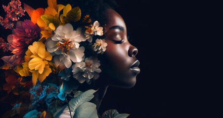 Close up portrait of beautiful African woman with eyes closed combined with multi colored flowers, side profile face view on black copy space background. Double multiple exposure. Beauty concept - 568931150