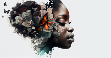 Close up portrait of beautiful African woman with eyes closed combined with multi colored flowers, side profile face view on white copy space background. Double multiple exposure. Beauty concept - 568931167