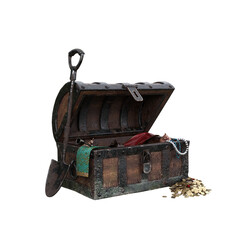 Pirate treasure chest with lid open and coins lying on the ground. 3D illustration isolated.
