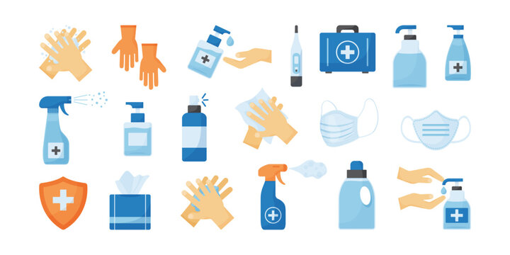 Medical vector icon. Hygiene. Disinfect gel bottle. Alcogol spray and soap, antiseptic set, antibacterial liquid, protective mask, gloves, wipes. PPE. Health care illustration