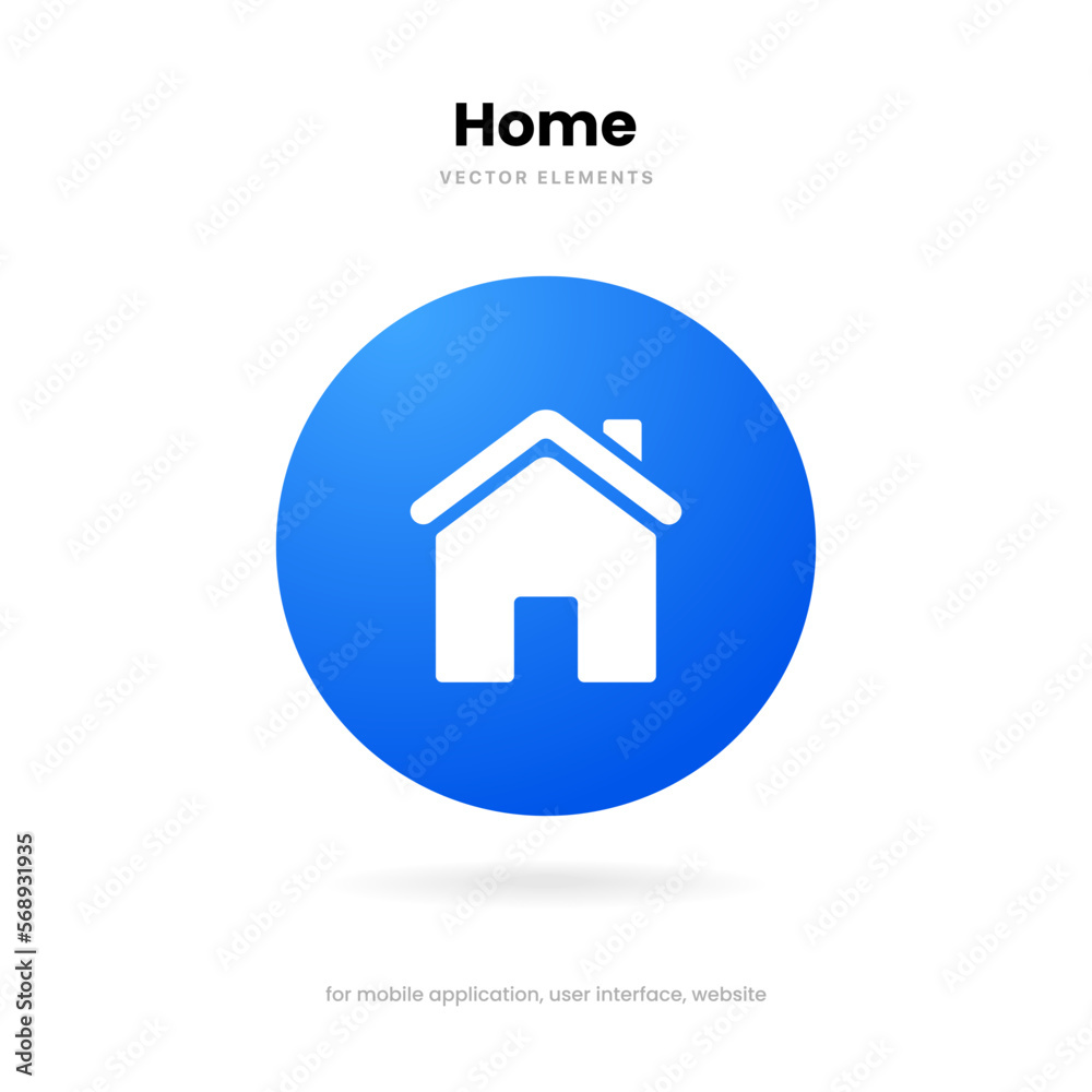 Poster Minimal modern home, homepage, base, main page, house push button icon emblem symbol, sign. 3d blue home icon. Mobile app icons. Device UI UX mockup. Isolated vector elements.