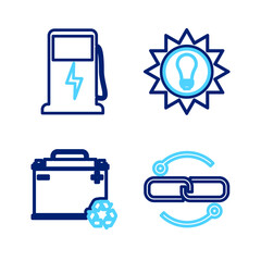 Set line Chain link line, Car battery with recycle, Solar energy panel and Electric car charging station icon. Vector