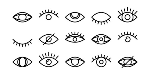 Naklejka premium Eye vector line icon, eyeball outline pictogram, see symbol, vision sign, simple view set, look sign, black pictogram different shape isolated on white background. Simple illustration