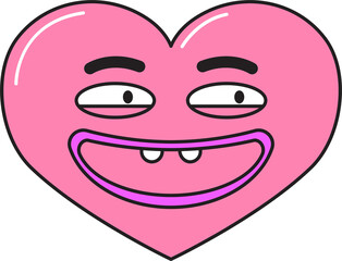 Funky cute heart mascot 90s retro style. Colorful vector sticker isolated on transparent background.