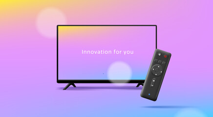 Modern smart TV with a black remote control. Innovative technologies for the home, with bright wallpapers on display. Sale in electronics stores and online content.